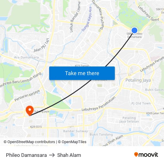 Phileo Damansara to Shah Alam map