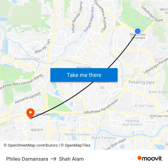 Phileo Damansara to Shah Alam map