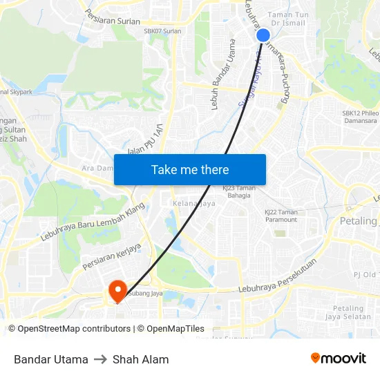 Bandar Utama to Shah Alam map