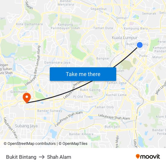 Bukit Bintang to Shah Alam map