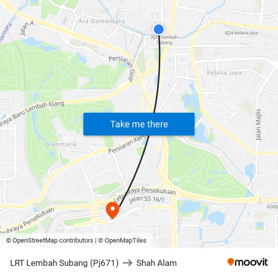 LRT Lembah Subang (Pj671) to Shah Alam map