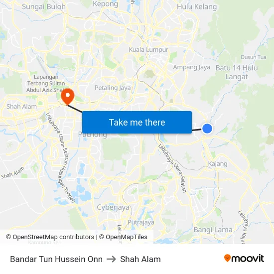 Bandar Tun Hussein Onn to Shah Alam map
