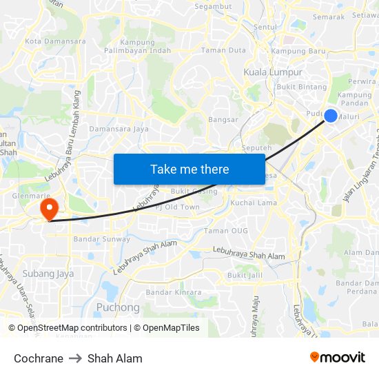 Cochrane to Shah Alam map