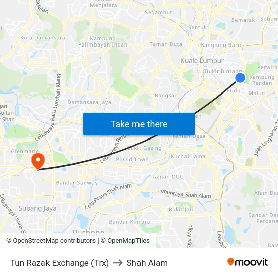 Tun Razak Exchange (Trx) to Shah Alam map