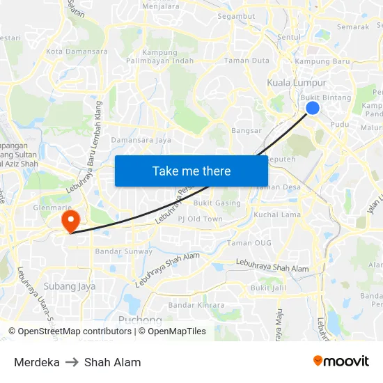 Merdeka to Shah Alam map