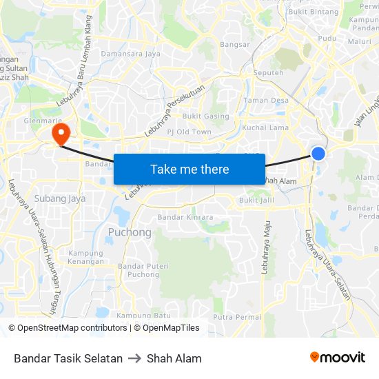 Bandar Tasik Selatan to Shah Alam map