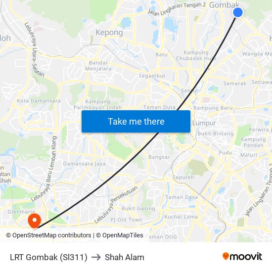 LRT Gombak (Sl311) to Shah Alam map