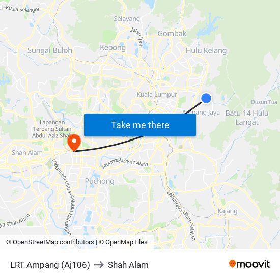 LRT Ampang (Aj106) to Shah Alam map
