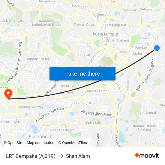 LRT Cempaka (Aj219) to Shah Alam map
