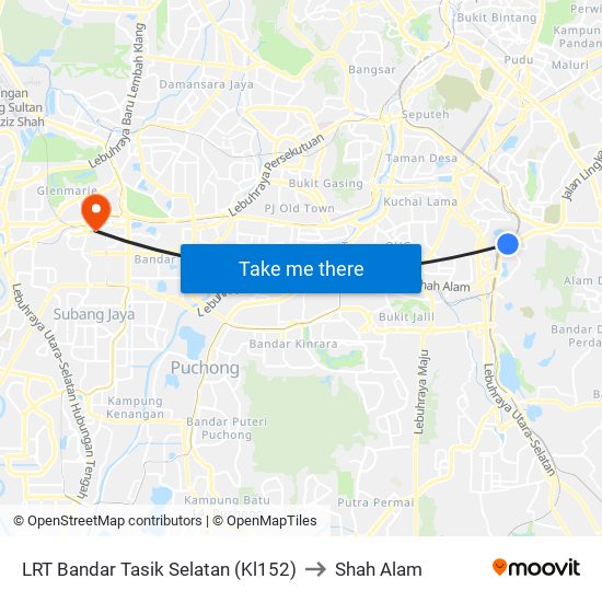 LRT Bandar Tasik Selatan (Kl152) to Shah Alam map