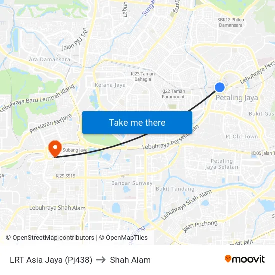 LRT Asia Jaya (Pj438) to Shah Alam map