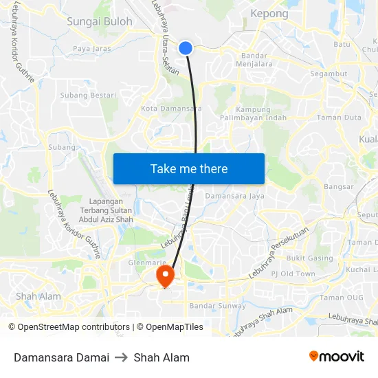 Damansara Damai to Shah Alam map