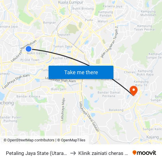 Petaling Jaya State (Utara) (Pj433) to Klinik zainiati cheras perdana map
