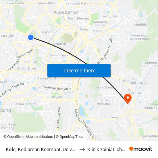 Kolej Kediaman Keempat, Universiti Malaya (Kl2348) to Klinik zainiati cheras perdana map