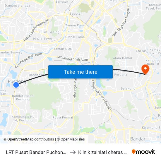 LRT Pusat Bandar Puchong (Sj735) to Klinik zainiati cheras perdana map