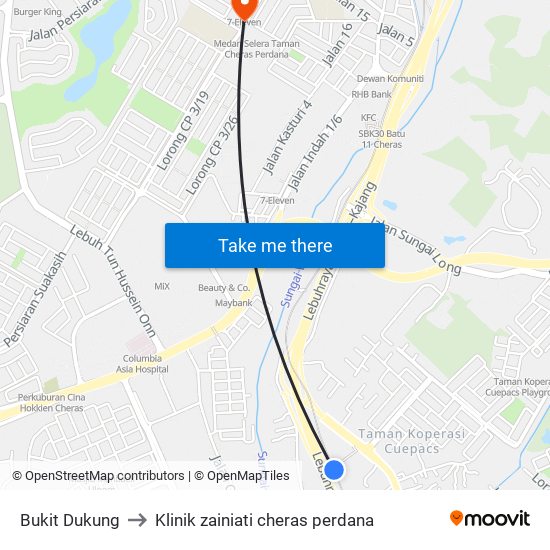 Bukit Dukung to Klinik zainiati cheras perdana map