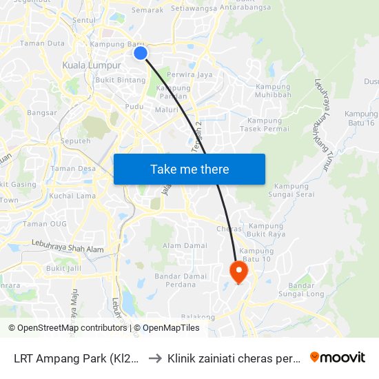 LRT Ampang Park (Kl2306) to Klinik zainiati cheras perdana map