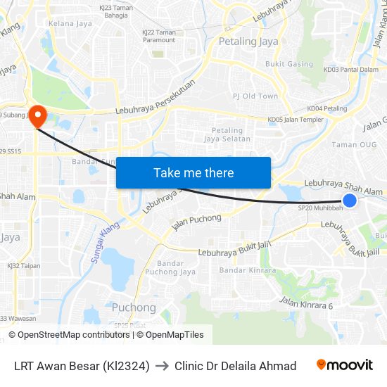 LRT Awan Besar (Kl2324) to Clinic Dr Delaila Ahmad map
