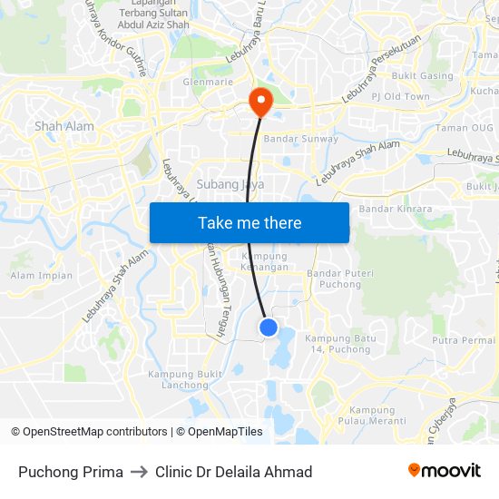 Puchong Prima to Clinic Dr Delaila Ahmad map