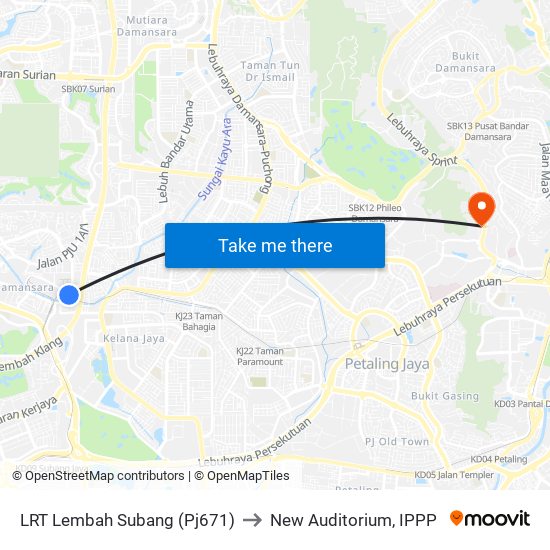 LRT Lembah Subang (Pj671) to New Auditorium, IPPP map