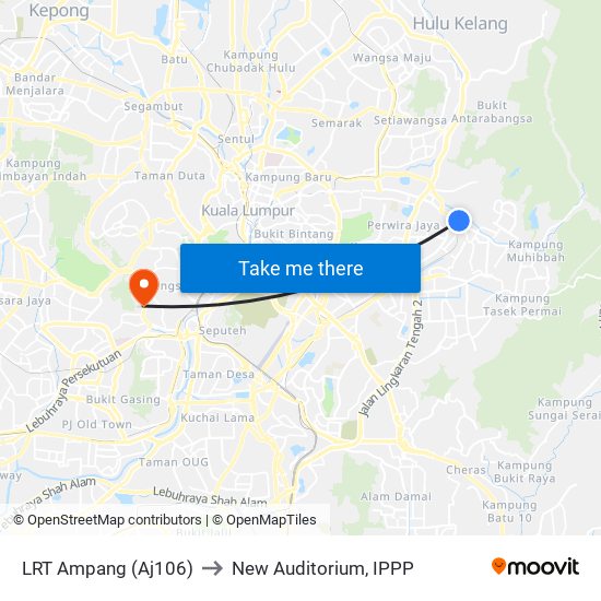 LRT Ampang (Aj106) to New Auditorium, IPPP map