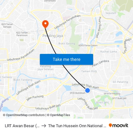 LRT Awan Besar (Kl2324) to The Tun Hussein Onn National Eye Hospital map