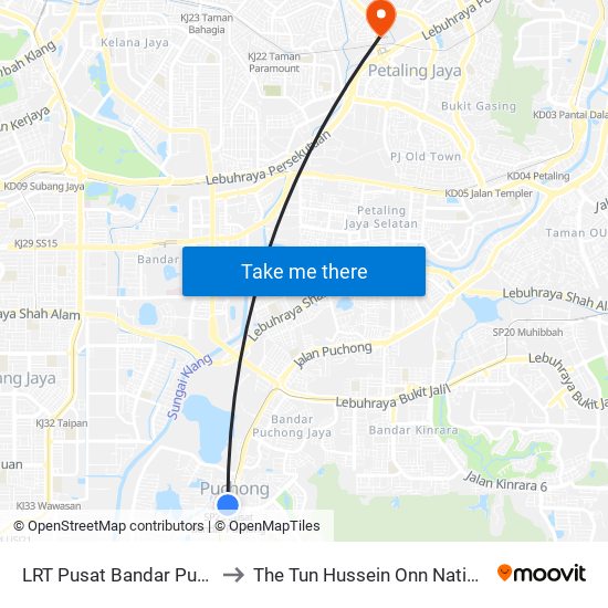 LRT Pusat Bandar Puchong (Sj735) to The Tun Hussein Onn National Eye Hospital map
