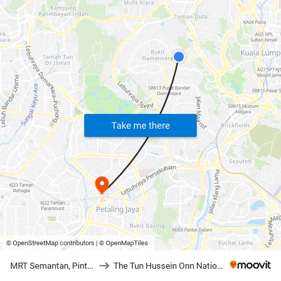 MRT Semantan, Pintu B (Kl1174) to The Tun Hussein Onn National Eye Hospital map