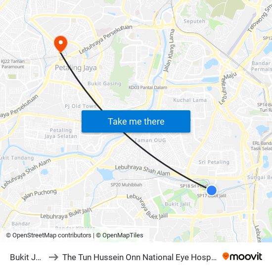 Bukit Jalil to The Tun Hussein Onn National Eye Hospital map