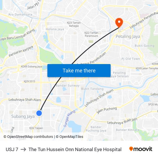 USJ 7 to The Tun Hussein Onn National Eye Hospital map