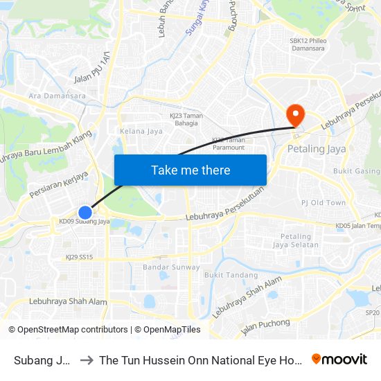 Subang Jaya to The Tun Hussein Onn National Eye Hospital map