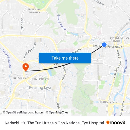 Kerinchi to The Tun Hussein Onn National Eye Hospital map