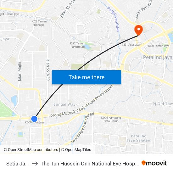 Setia Jaya to The Tun Hussein Onn National Eye Hospital map