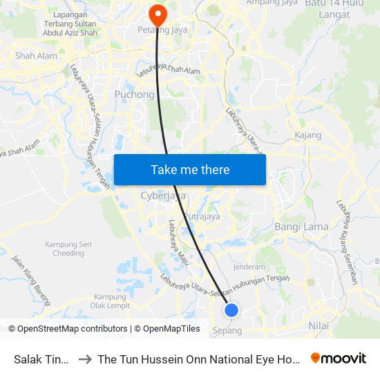 Salak Tinggi to The Tun Hussein Onn National Eye Hospital map