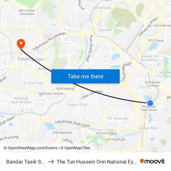 Bandar Tasik Selatan to The Tun Hussein Onn National Eye Hospital map