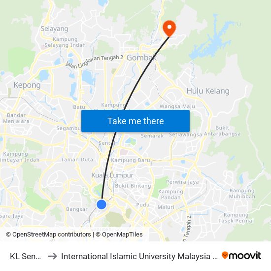 KL Sentral to International Islamic University Malaysia (IIUM) map