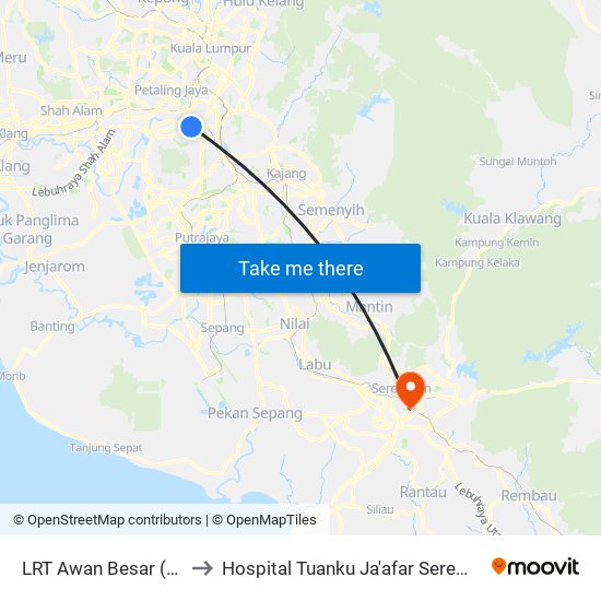 LRT Awan Besar (Kl2324) to Hospital Tuanku Ja'afar Seremban (HTJS) map