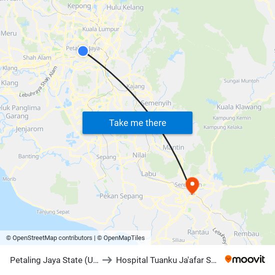 Petaling Jaya State (Utara) (Pj433) to Hospital Tuanku Ja'afar Seremban (HTJS) map