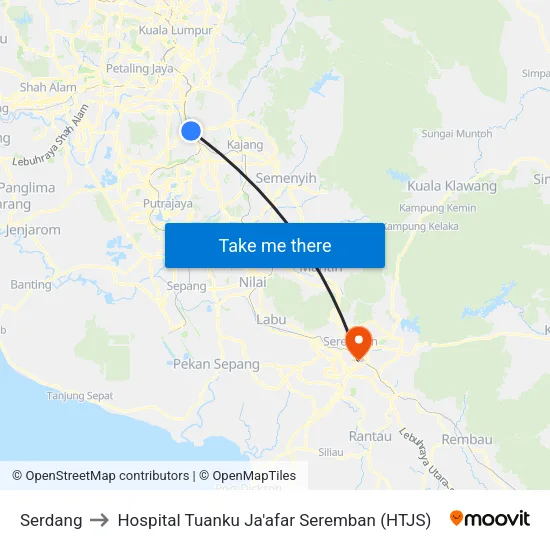 Serdang to Hospital Tuanku Ja'afar Seremban (HTJS) map