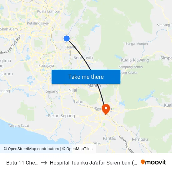 Batu 11 Cheras to Hospital Tuanku Ja'afar Seremban (HTJS) map