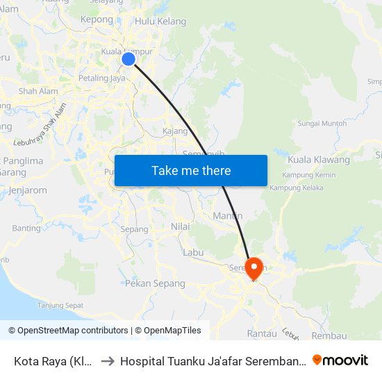 Kota Raya (Kl112) to Hospital Tuanku Ja'afar Seremban (HTJS) map