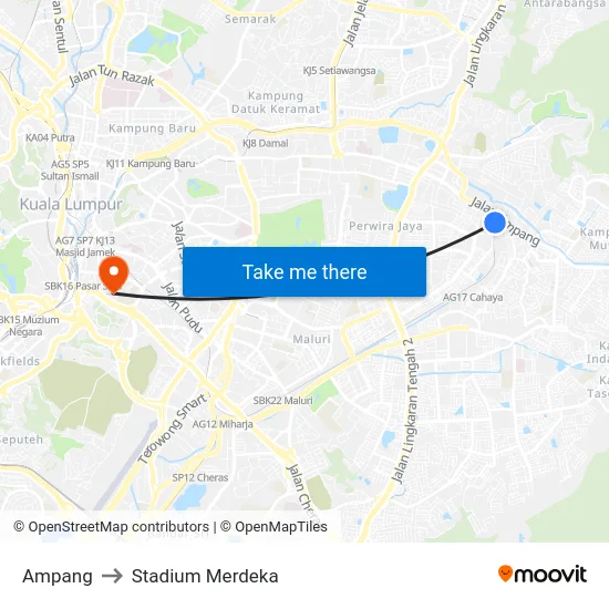 Ampang to Stadium Merdeka map