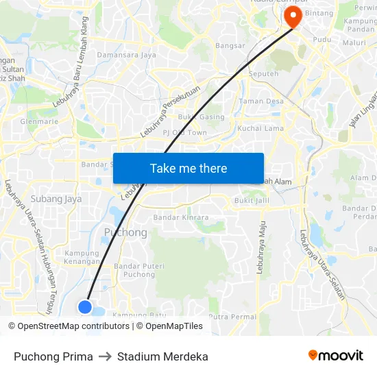 Puchong Prima to Stadium Merdeka map