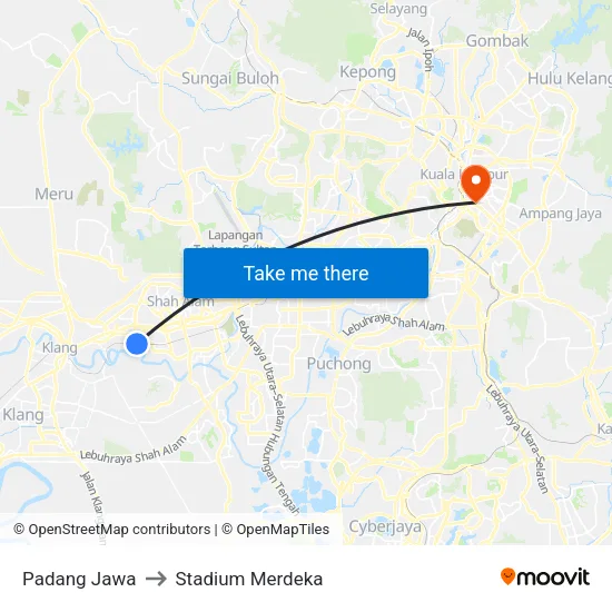Padang Jawa to Stadium Merdeka map