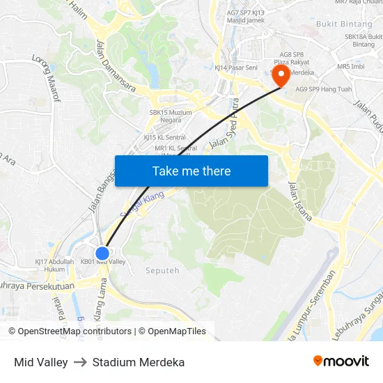 Mid Valley to Stadium Merdeka map