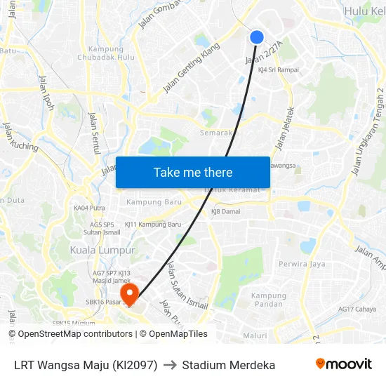 LRT Wangsa Maju (Kl2097) to Stadium Merdeka map