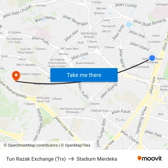 Tun Razak Exchange (Trx) to Stadium Merdeka map