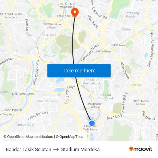 Bandar Tasik Selatan to Stadium Merdeka map