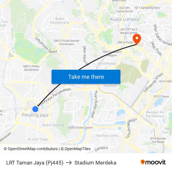 LRT Taman Jaya (Pj445) to Stadium Merdeka map