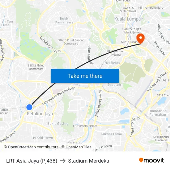 LRT Asia Jaya (Pj438) to Stadium Merdeka map